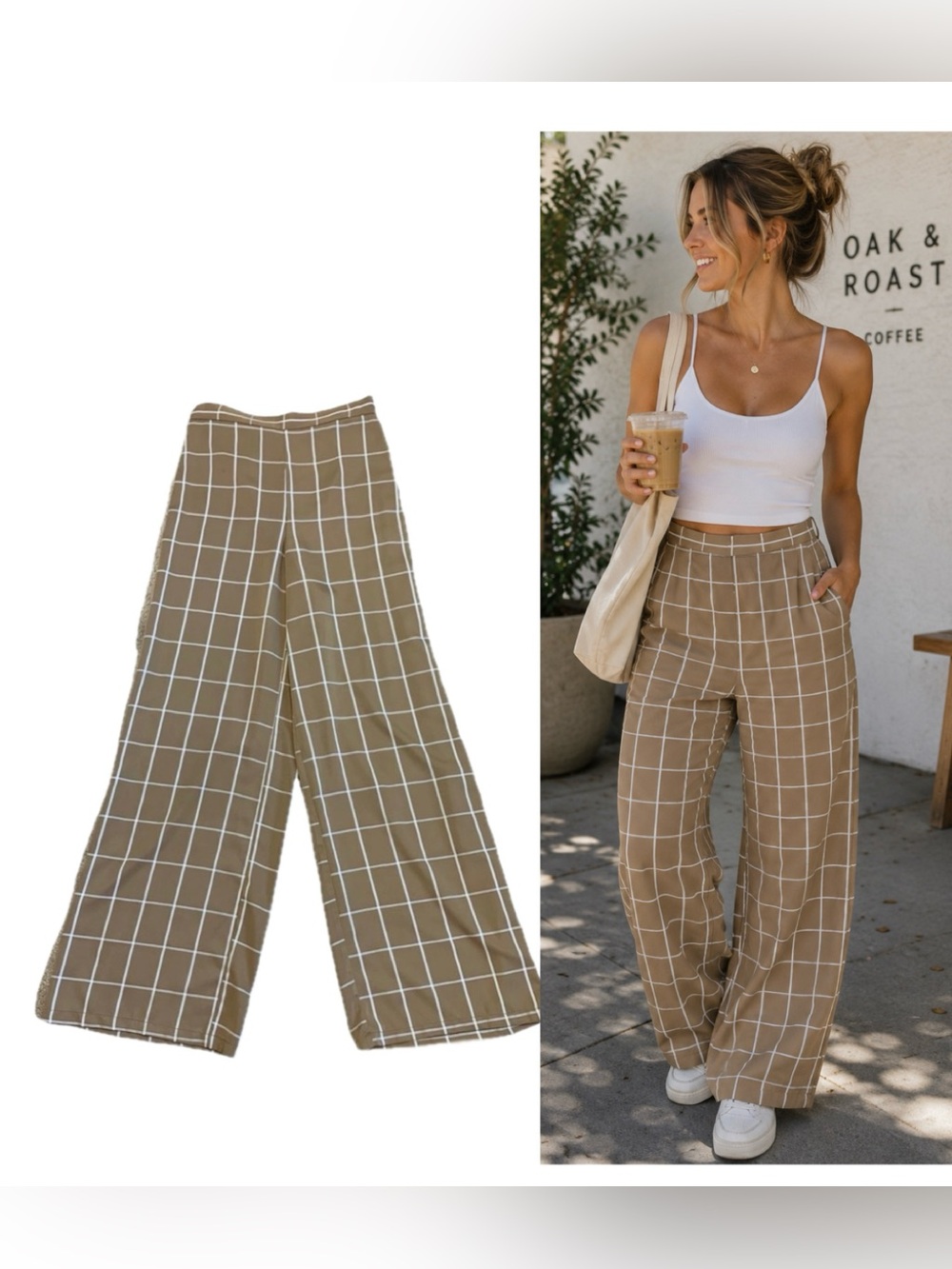 Lulu’s Windowpane check Wide-Leg Pants Effortless casual tan brown white Sz S
